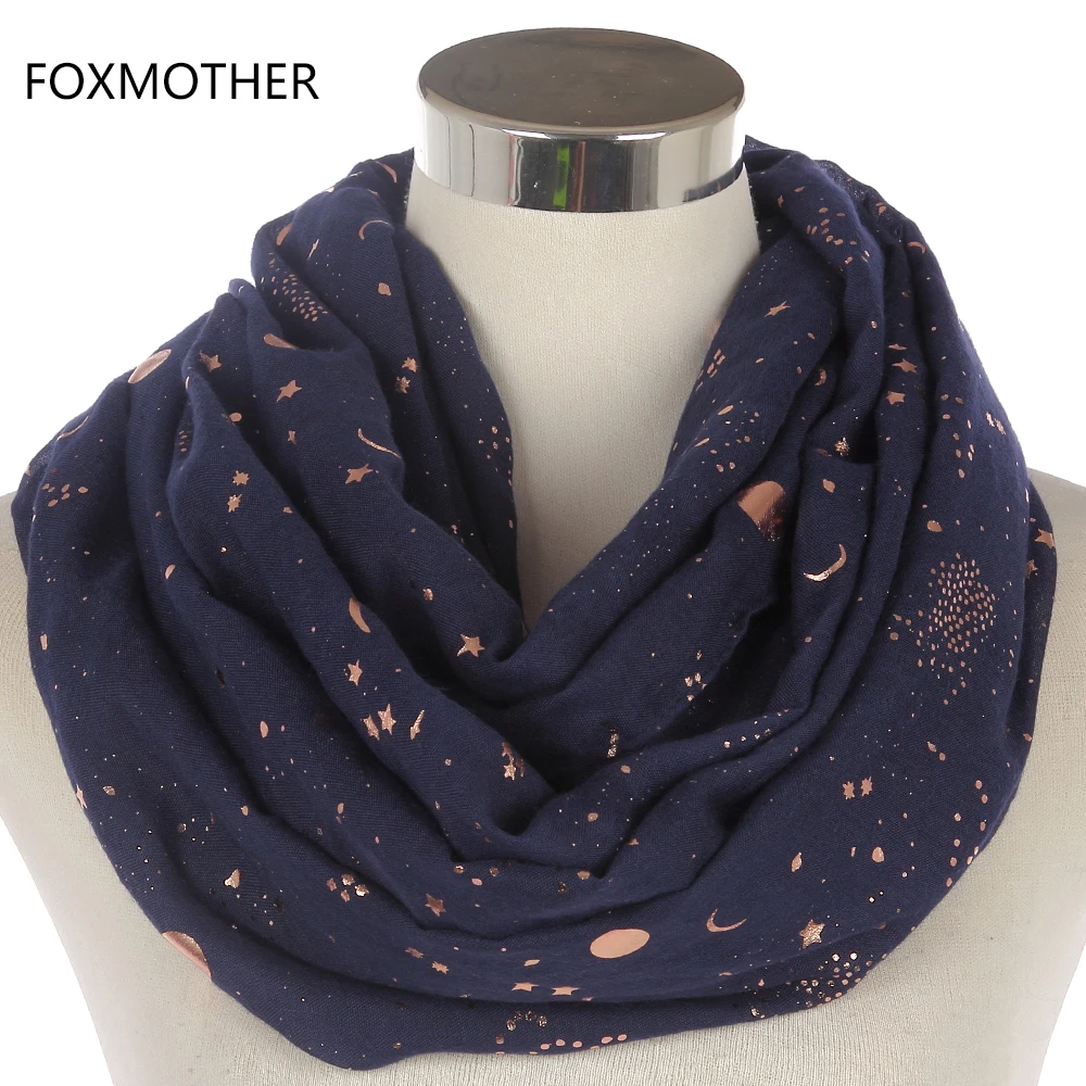 FOXMOTHER 2021 New Fashion Navy Star Moon Foil Gold Scarf For Womens Chirstmas Gifts