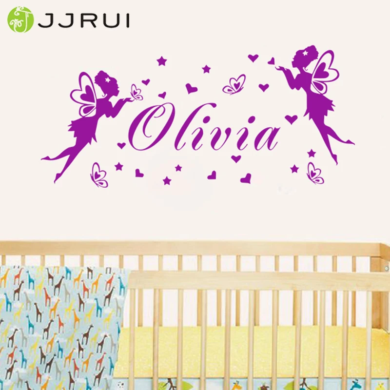 

JJRUI Personalised Fairies Butterflies Any Name Vinyl Wall Sticker Art Decal Girls Home Decor Wall Stickers for Children Bedroom