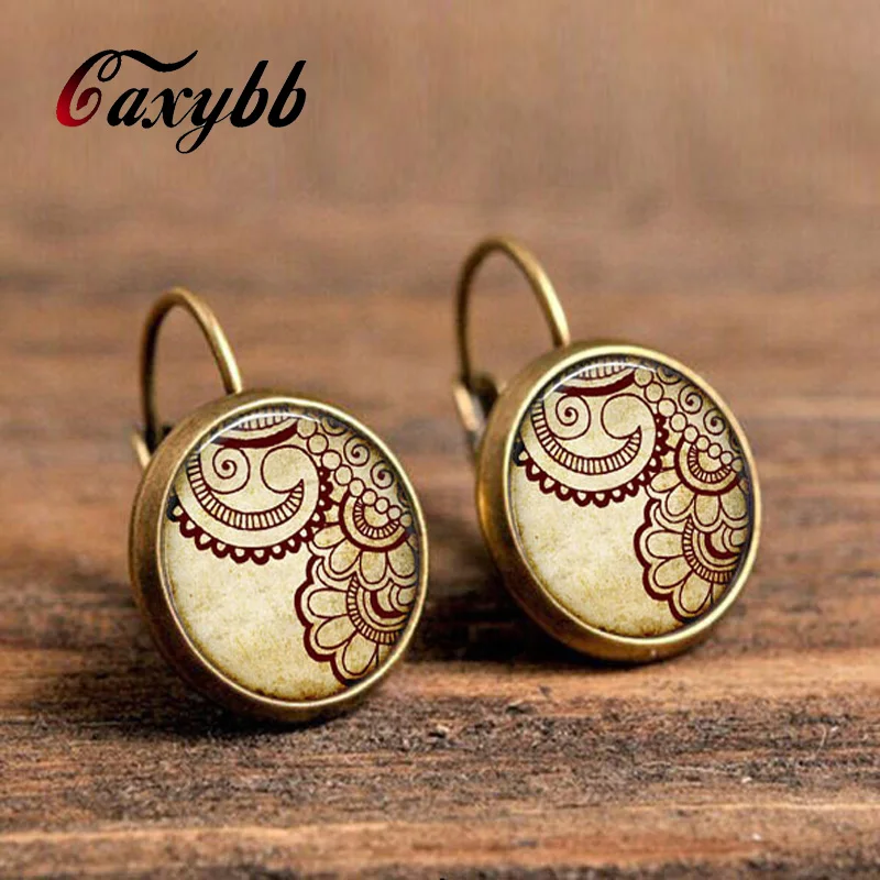 vintage earrings jewelry henna yoga earring mandala flower earring om symbol zen a pair glass cabochon handmade earring c-e269