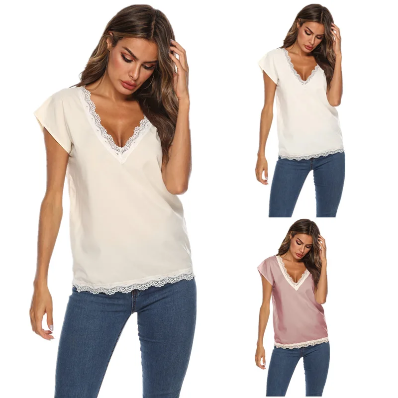 Mujeres Casual cuello pico de manga corta de encaje camisetas Tops