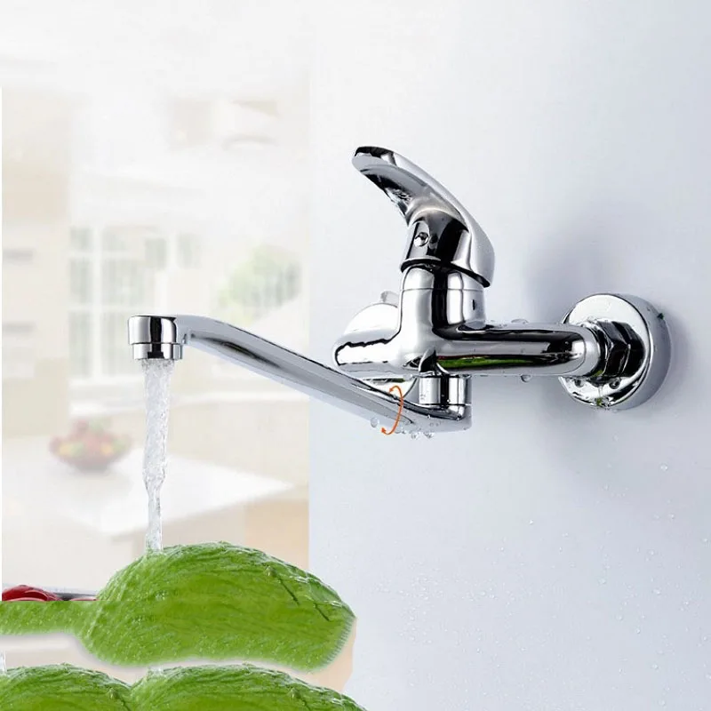 

Wall Mounted Kitchen Faucet Copper Lengthened 360 Degree Swivel Water Tap Double Holes Hot and Cold Sink Mixer Tap Mop pool Tap