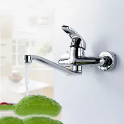 Wall Mounted Kitchen Faucet Copper Lengthened 360 Degree Swivel Water Tap Double Holes Hot and Cold Sink Mixer Tap Mop pool Tap