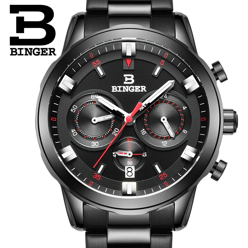 2017 New Watch Chronograph  Men\'s Sport Military Wristwatches BINGER Brand  Stainless Steel Quartz Watches Waterproof B-9011G