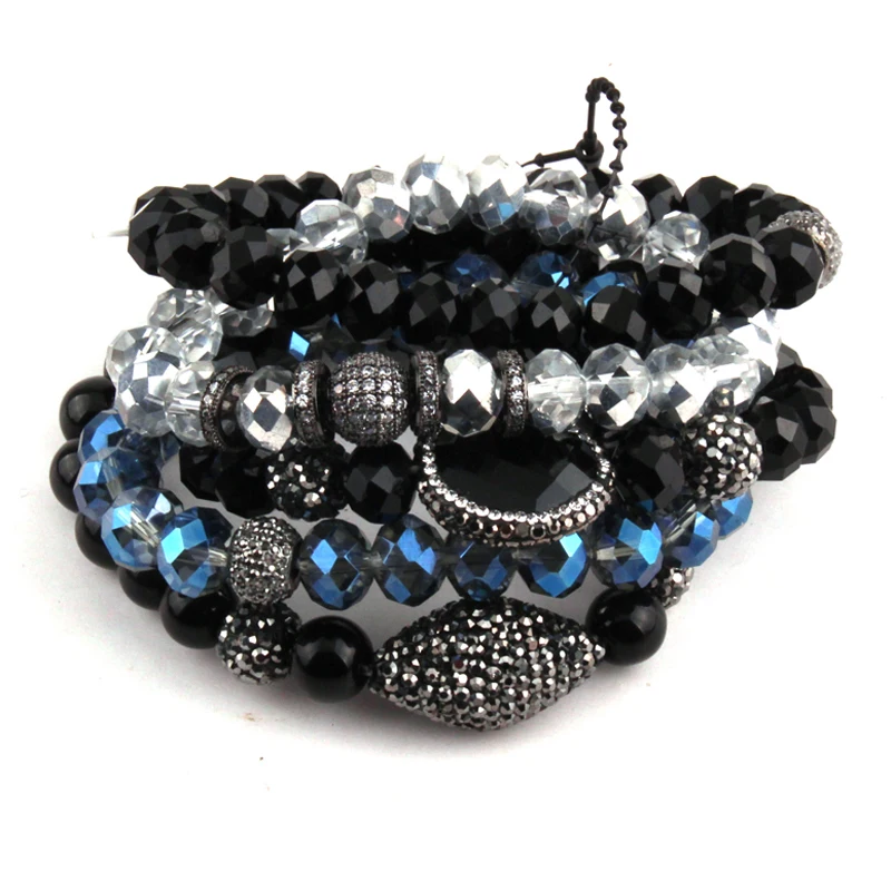 

Fashion Beautiful Black Women Bracelet Set Natural Stone & Glass Crystal Pave Bracelets