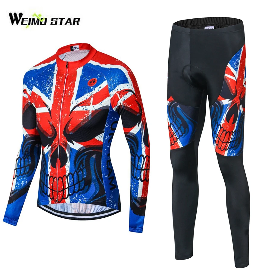 

WEIMOSTAR UK Skull Team Men's Cycling Jersey Set Long Sleeve Ropa Ciclismo Bicycle Top Biking Clothing Tight Bib Pants Set