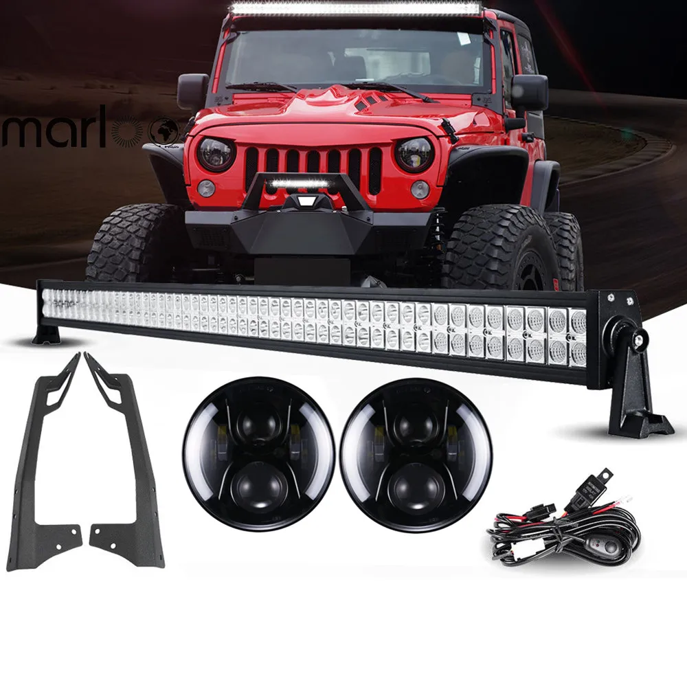 

Комплект: 7-дюймовые светодиодные фары с белым и янтарным свечением (Halo) для Jeep Wrangler JK 2007-2017 гг. + 52-дюймовая 300-ваттная светодиодная рабочая фара + кронштейны для крепления на крышу.