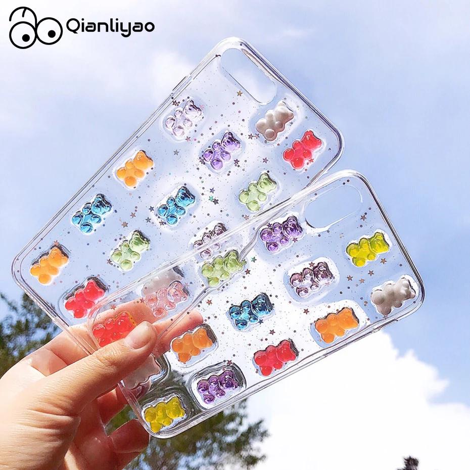 Qianliyao Cute 3D Candy Colors Bear Phone Case for iphone 16 15 14 13 11 12 Pro Max X XS Max XR 8 7 plus Se 2 Glitter Soft Cover