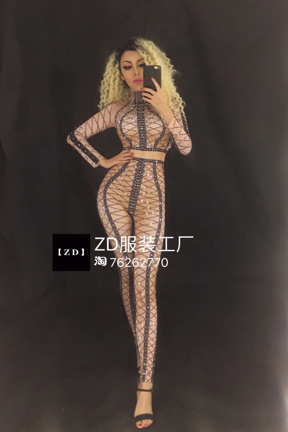 

2020 3D Print Black Bandage Web Hole Rhinestone Skinny Sexy Jumpsuit Nightclub Bar Sexy Dance Costume Party Celebration Birthday