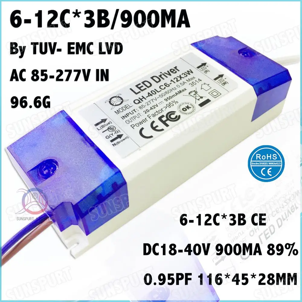 

3 Pcs By TUV-CE Box 40W AC85-277V LED Driver 6-12Cx3B 900mA DC18-40V Constant Current LED Power For LED Spotlight Free Shipping