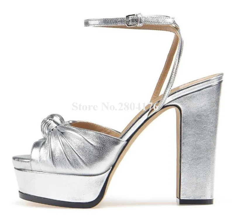 

Women Newest Open Toe Silver Leather Knotted Design High Platform Chunky Heel Sandals Ankle Strap Nude Thick High Heel Sandals