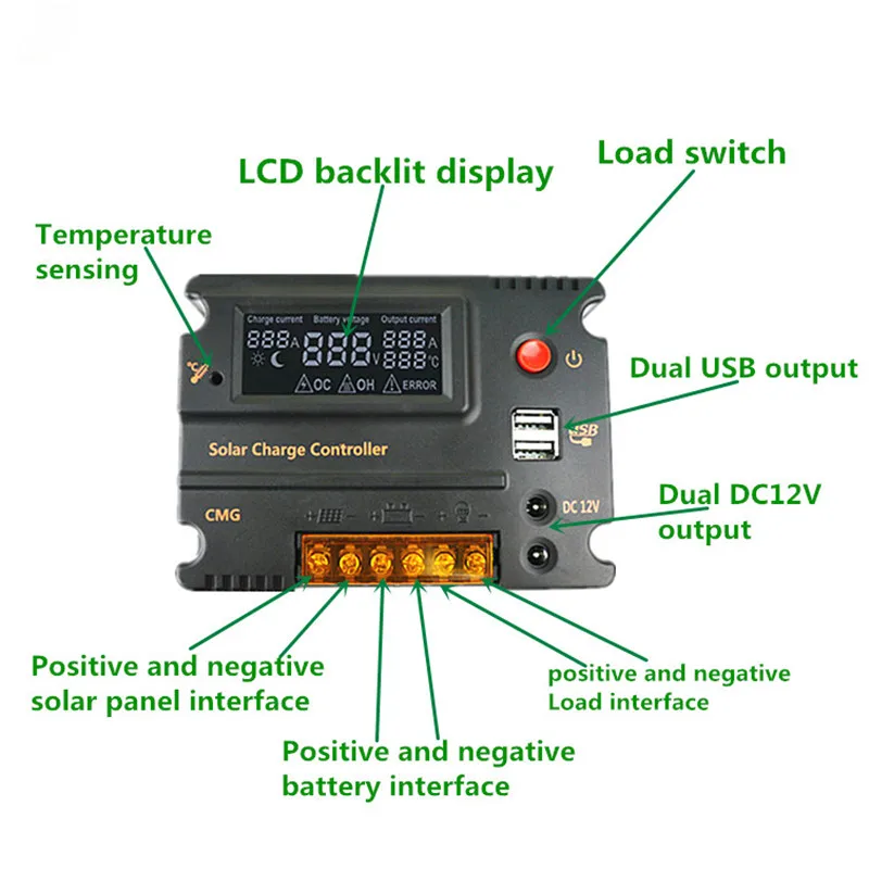 CMG12V24V10A solar controller Common negative pole LCD backlight display solar charger controller double DC12V