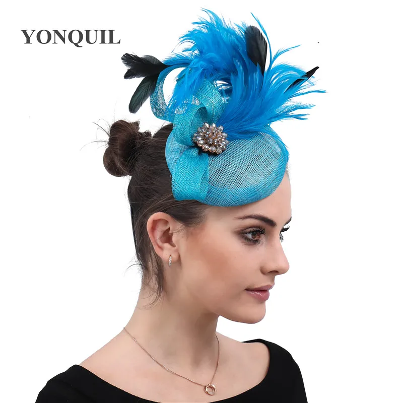 Women Vintage Turquoise Fascinators Bride With Clips Fashion Party Headpiece Banquet Female Derby Fedora Occasion Millinery Caps