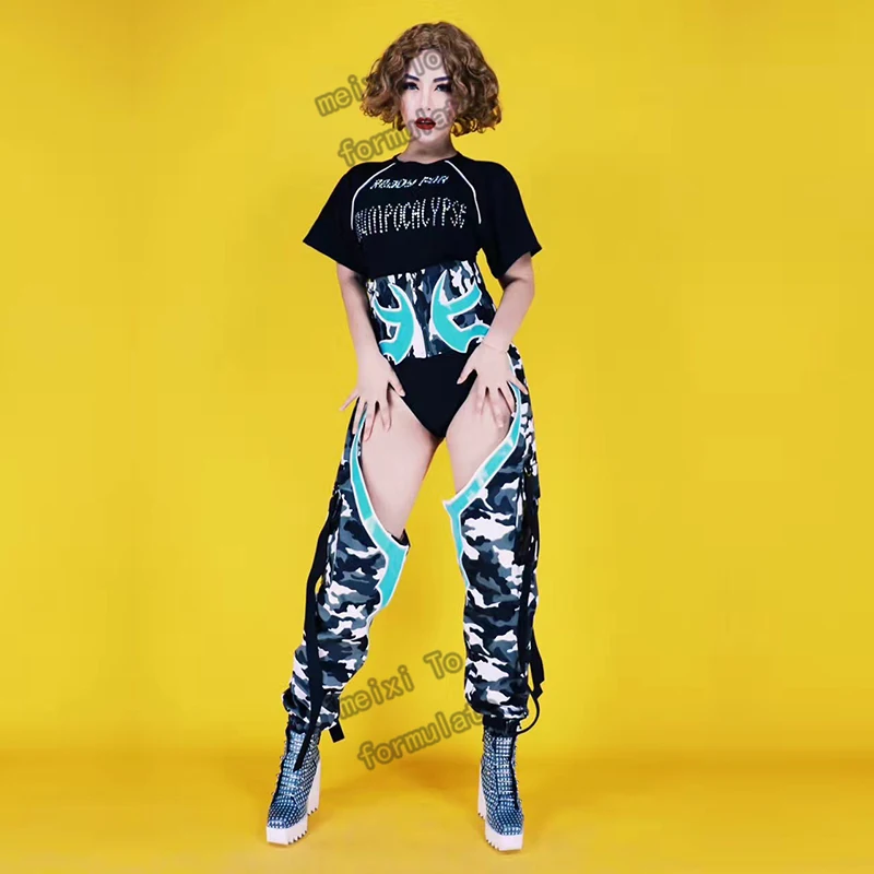 Black rhinestone jumpsuit + blue water wave camouflage pants two-piece bar nightclub concert singer dancer's costume