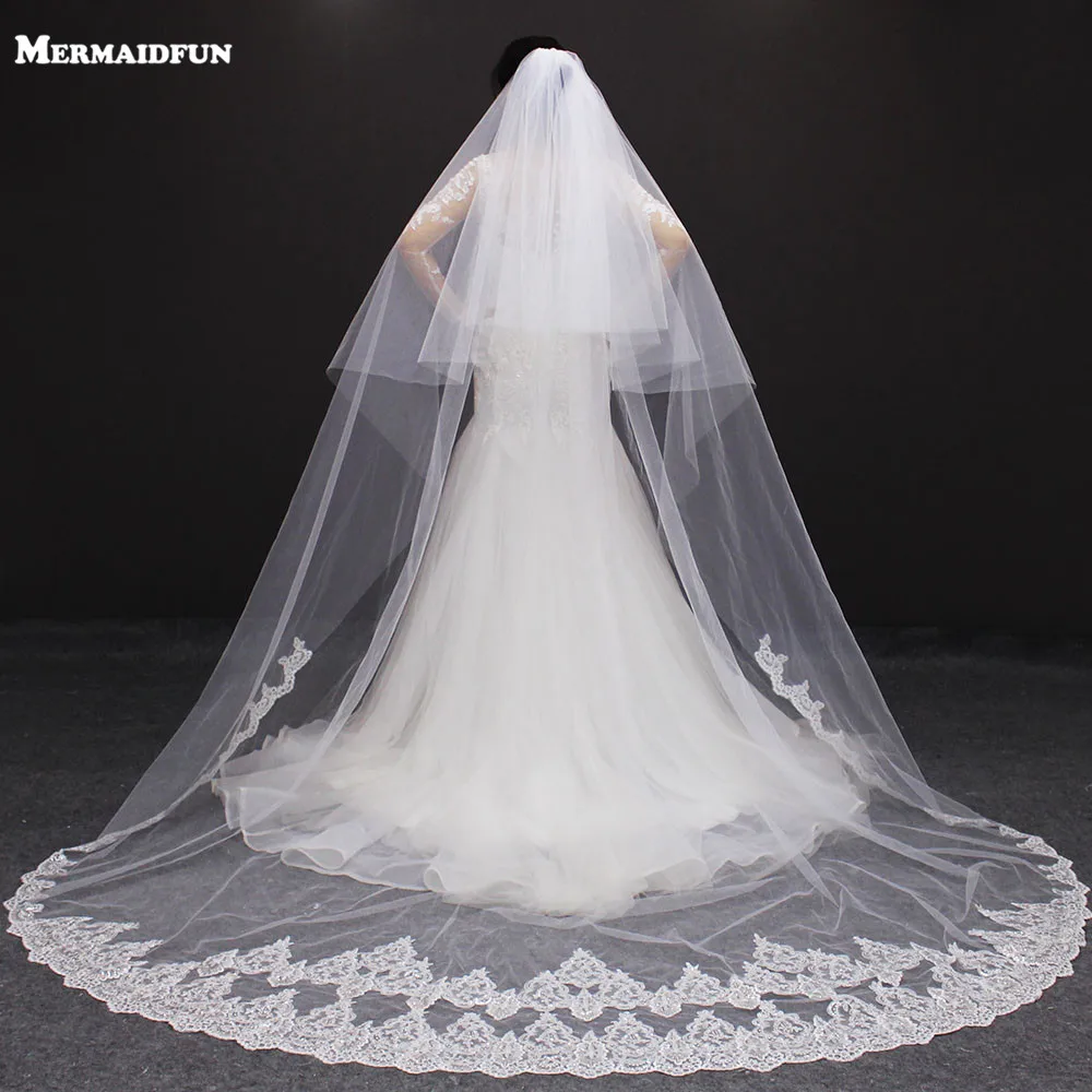 Customized Real Photos Long Wedding Veil with Comb 2T 3m/4m/5m Bling Sequins Lace Bridal Veil with Blusher White/Ivory Veil