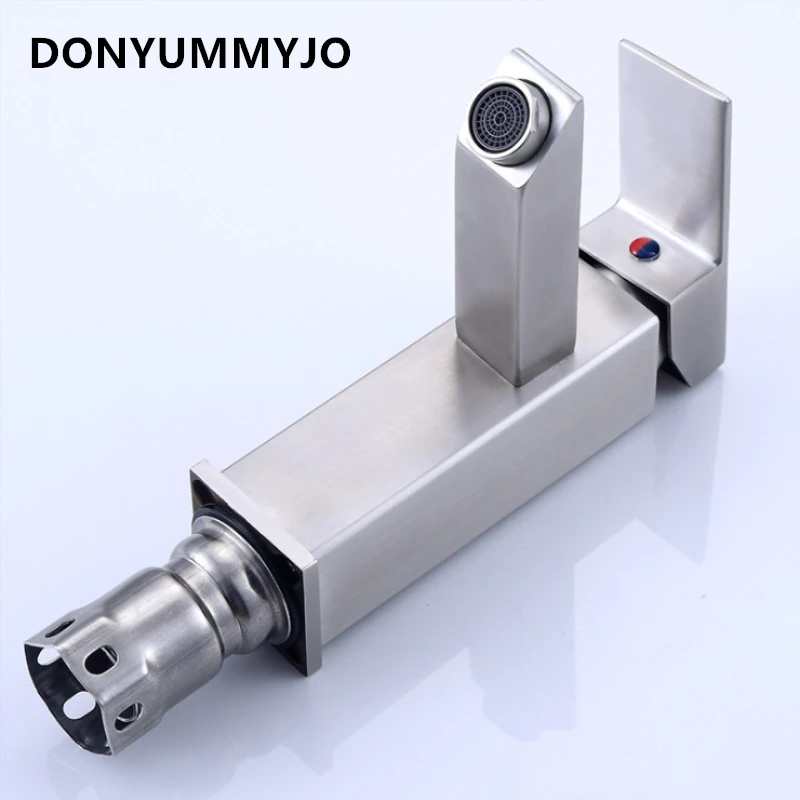 DONYUMMYJO 1pc 304 Stainless Steel Hot And Cold Square Brushed Basin Faucet With 2 Hoses Deck Installation Mix Tap