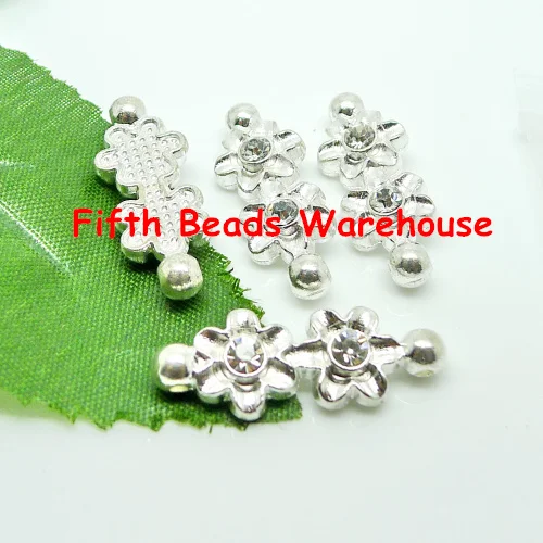 

free shipping 10x27mm silver colour flower shape rhinestone connection beads with 2 hole clasp 50pcs/lot R106