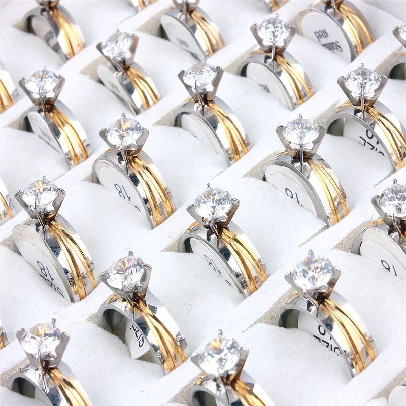 QianBei-Stainless Steel Zircon Rings for Men and Women, Crystal Rhinestone Ring, Golden Color, Trendy Jewelry, Wholesale, 5Pcs