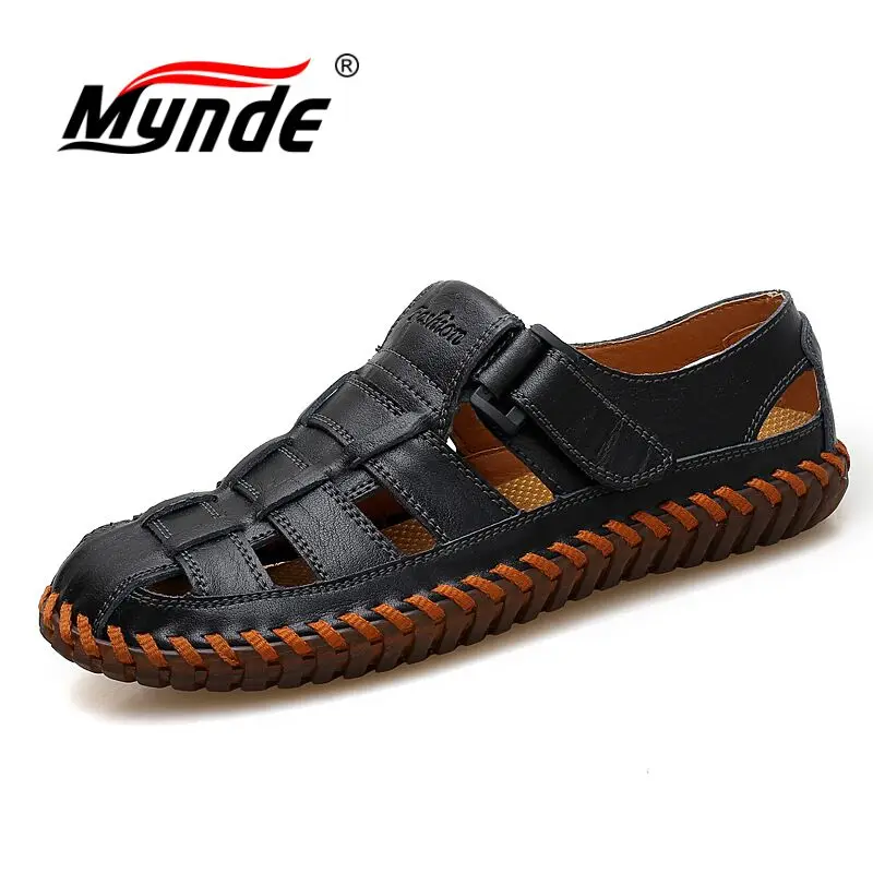 MYNDE Men Cow Leather Sandals Outdoor 2019 Summer Handmade Men Shoes Men Breathable Casual Shoes Footwear Walking Sandals