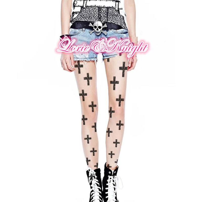 

Women's Punk Sheer Tights, Cross Printed Tights