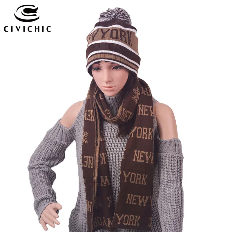 

CIVICHIC Unisex Warm Faux Wool Knit Hat Scarf Set Man/woman Christmas Gift Cap New York Print Thicken Headwear Neck Shawl SH108