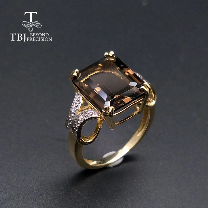 TBJ,925 sterling silver yellow color with natural gemstone smoky quartz rings emerald cut for women party wear jewelry gift