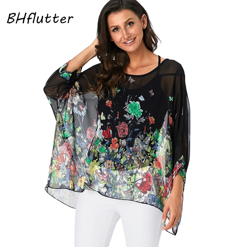 BHflutter Women Blouses 2019 Batwing Floral Print Chiffon Blouse Shirt Ladies Vintage Summer Tunic Tops Plus Size blusa mujer