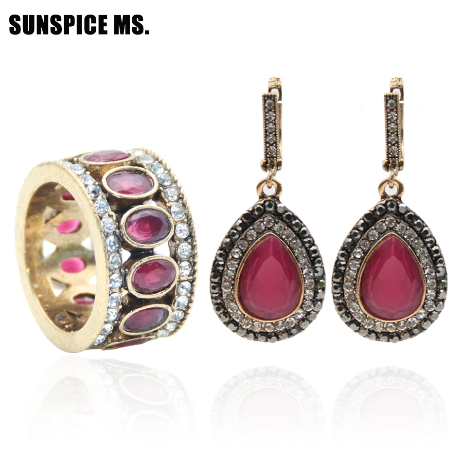 Sunspicems Turkish Women Vintage Dangle Earring Ring Sets Antique Gold Color Ethnic Banquet Caftan Jewelry Gift