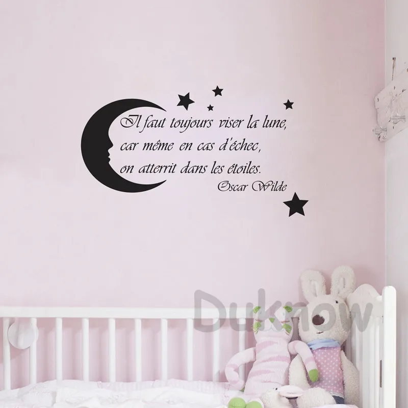 French Nursery Wall Art Decals Moon Stars Quote Decor , Oscar Wilde Saying Vinyl Wall Sticker France Home Kids Room Decoration