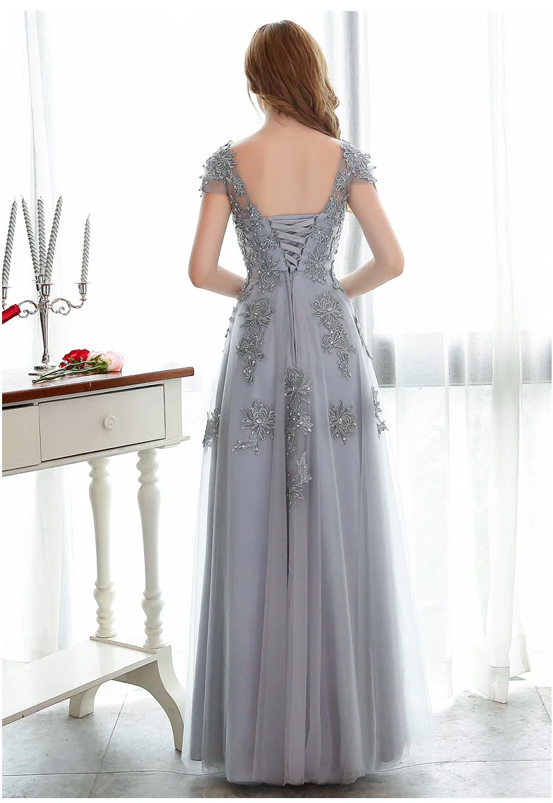 long evening dresses 2017 hot Silver grey lace embroidery beading party gown bridal banquet elegant slim prom dress plus size