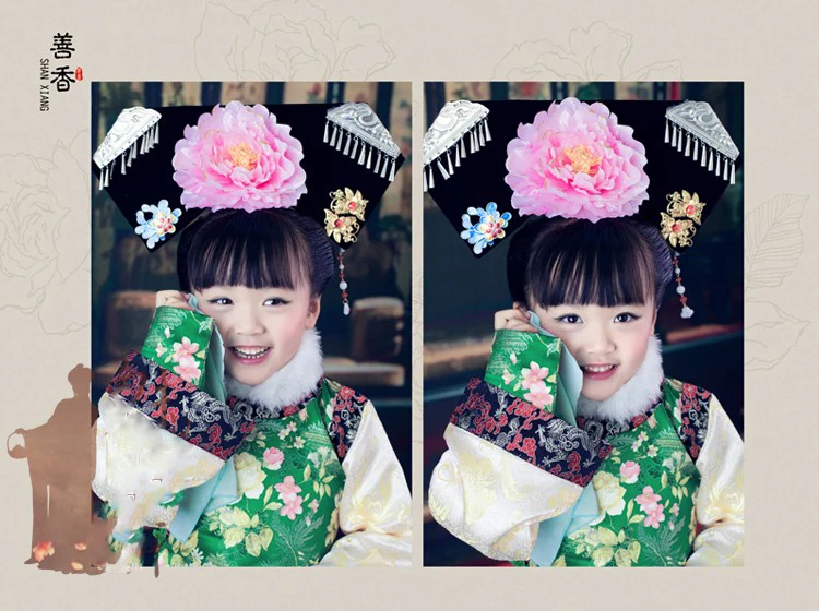 Shanxiang Qing Dynasty Little Emperess or Princess Costume  Green Woven Satin Qifu Winter Costume Hanfu for Halloween