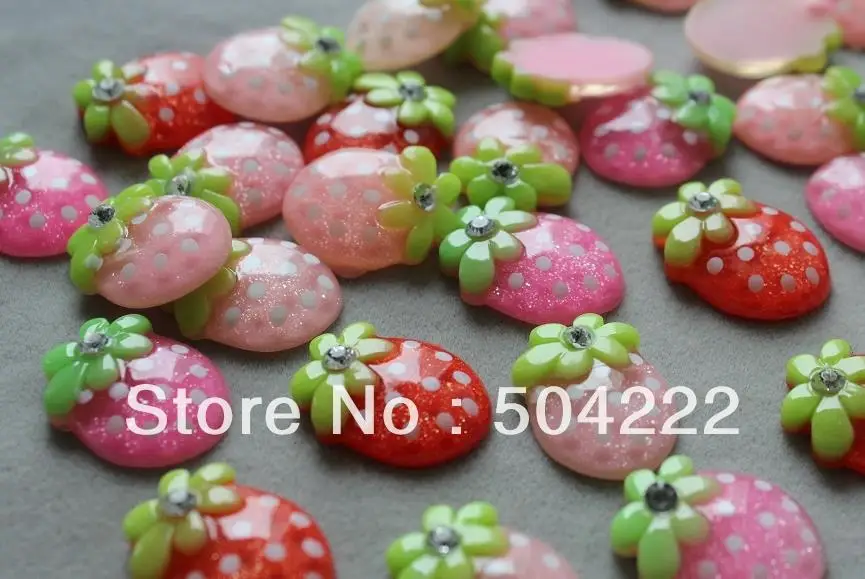 200pcs 18MM Resin Flatback glitter strawberry cabochon with rhinestones-DIY scrapbook, hair bow and flower centers