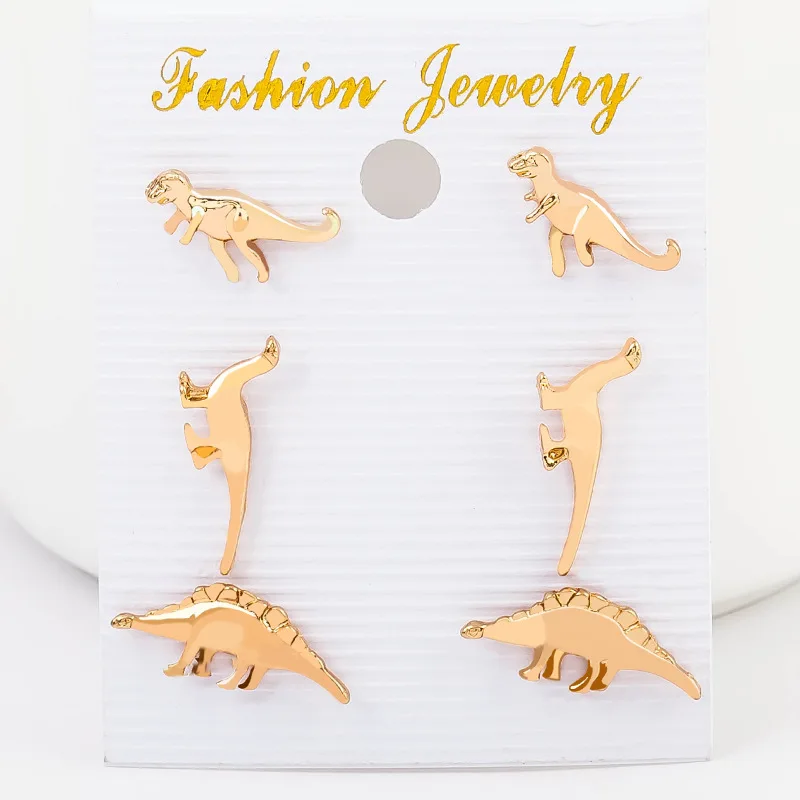 3 Kinds Dinosaur Small Golden Silver Plated Animal Stud Earrings for Women 3 pairs /set