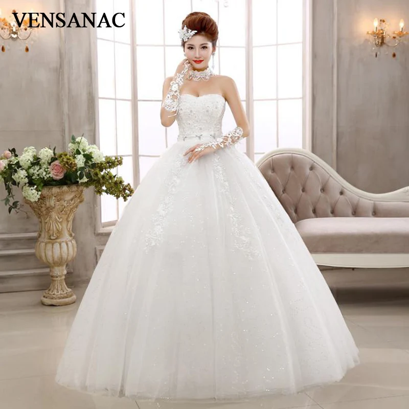 

VENSANAC 2018 Sequined Strapless Crystal Sash Ball Gown Wedding Dresses Off The Shoulder Lace Appliques Bridal Gowns