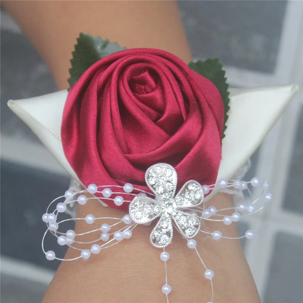 100% Handmade Wine red Crystal Bouquet Corsage Diamond Satin Rose Flowers for Wedding Bride Wrist Flowers SW0677Y