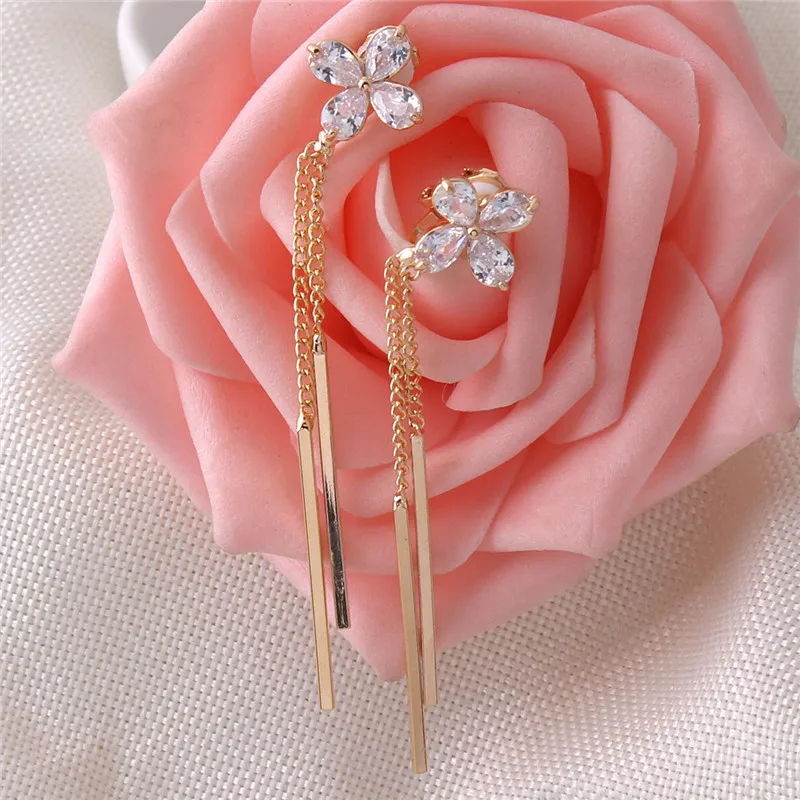 Grace Jun 2 Colors Choose Clover Flower AAA CZ Long Tassel Clip on Earrings No Pierced for Girl Party Charm Ear Clip  Bijouterie