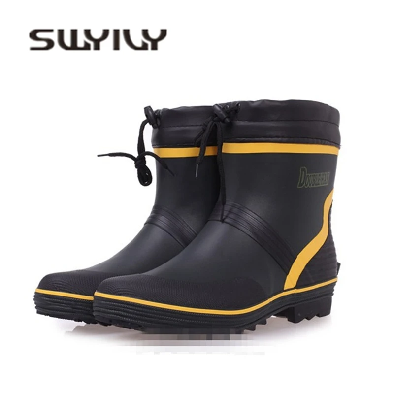 SWYIVY Rainboots Shoes Men Quality Anti-oil Work Boots 2018 Autumn Winter Warm Sock Rain Boots Male Fish Waterproof Rainboots 46