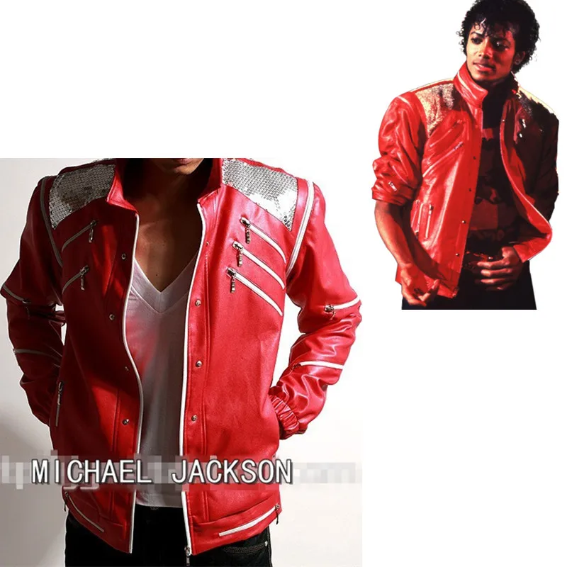 

Rare PUNK Rock Motorcycle Classic MJ MICHAEL JACKSON Costume Beat it Red Zipper Jacket Fans Imitator Best Gift