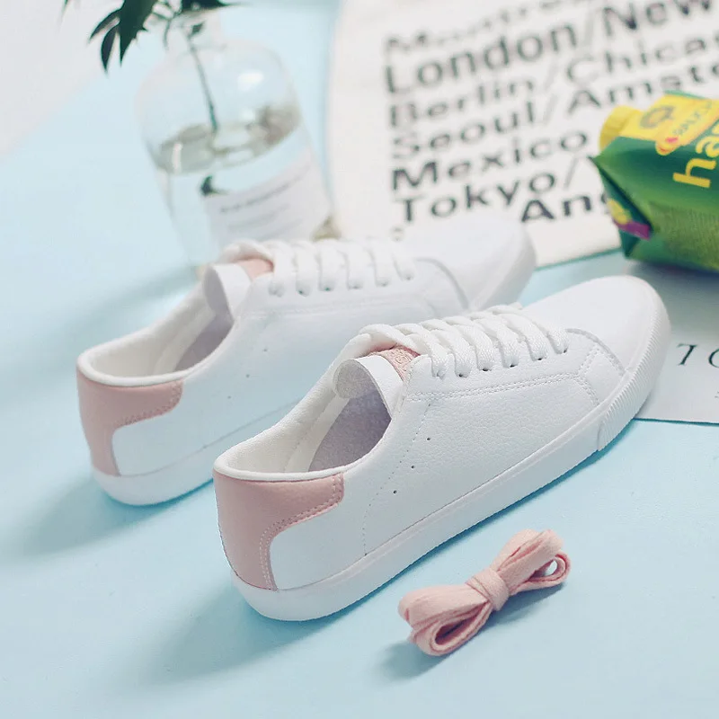 Women White Shoes All Match Must Have 2019 Spring New Lady Soft Leather Shoe Casual Pink Shoes Lace Up Chic Sneaker Good Quality