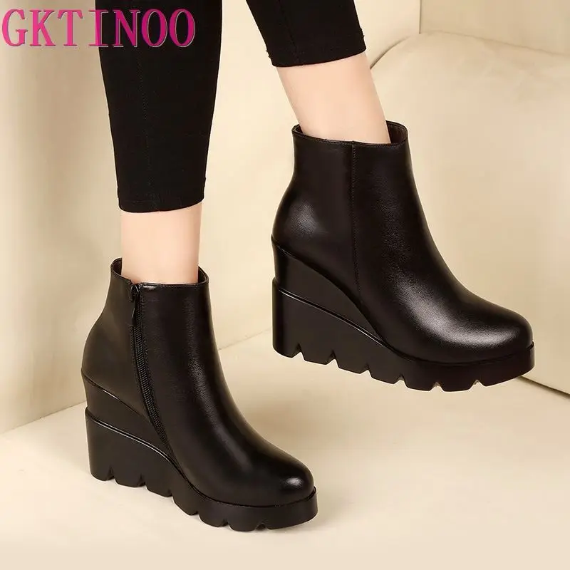 2024 autumn winter soft leather platform high heels girl wedges ankle boots shoes for woman fashion boots women Size 34-40