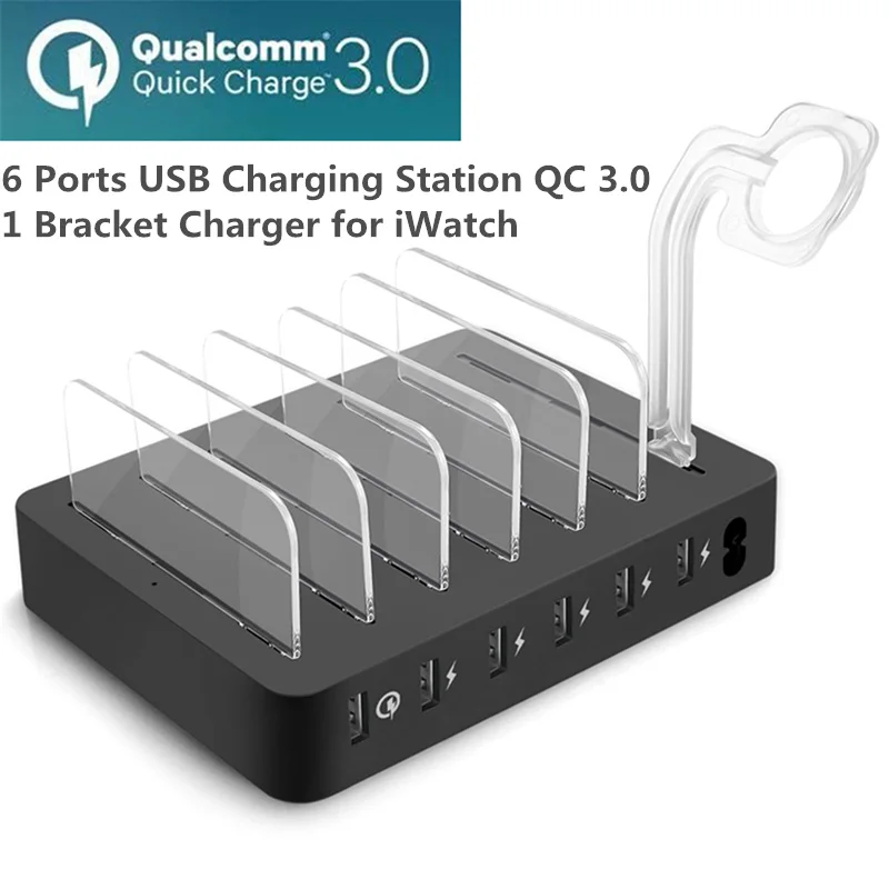 USB Charging Station Dock With Stand Holder 6 Ports Multi Function USB QC 3.0 Charger Mobile Phone Tablet Watch US UK EU AU UK