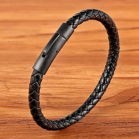 Men's Leather Bracelet Black Stainless Steel XQNI