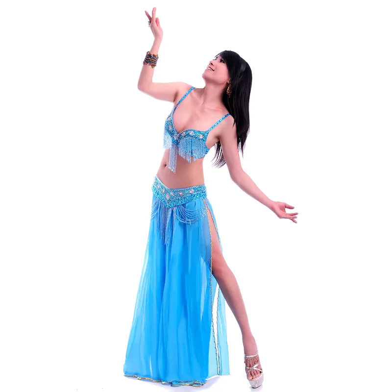 Women\'s sexy belly dance costume lady belly dancing outfits bellydance clothes beaded tassel bra+belt+skirt 3pcs belly dance set