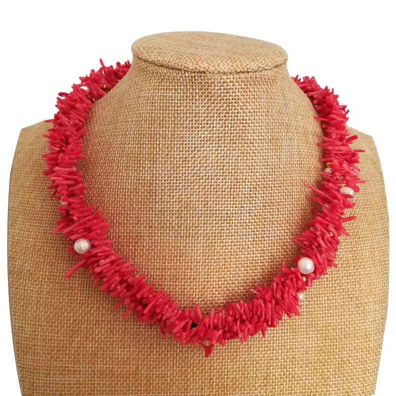 3 rows 18 inches 3-8mm White Pearls & Red Natural Branch Shaped Coral Necklace