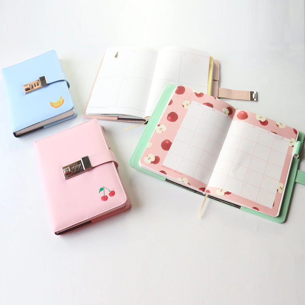 New 2019 fruit design leather school diary notebooks stationery,cute personal agenda planner organizer,with password lock,thick