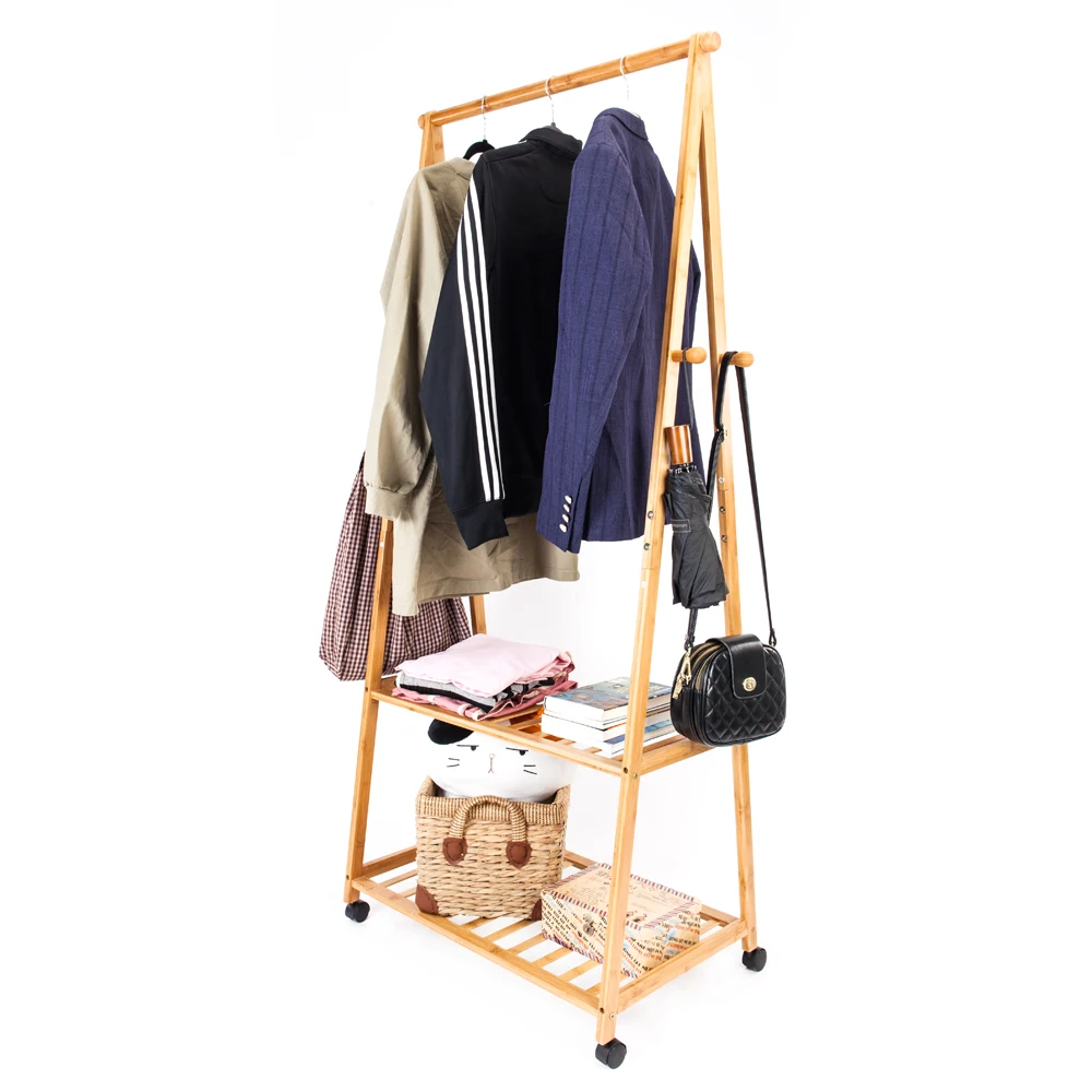 Clothes Rack on Wheels Rolling Garment Rack 2-Tier Clothing Shelves Storage with Coat Hooks Shoe Shelf Wood Color - US Stock