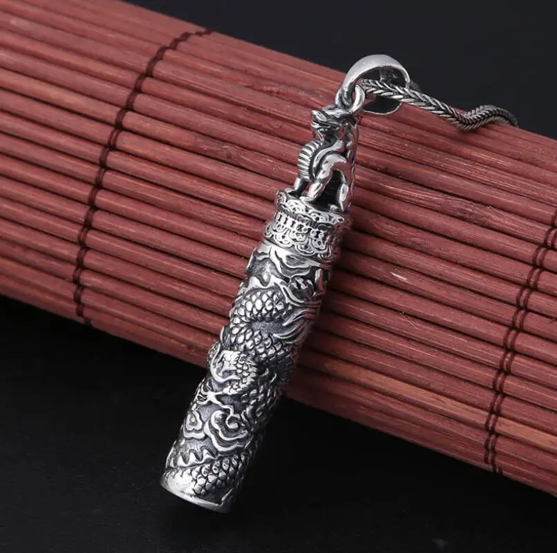 Unibabe Real Silver Carved Dragon & Lion Column Necklace Pendant S925 Carving Gawu Box Can Open Religious Pendant Jewelry