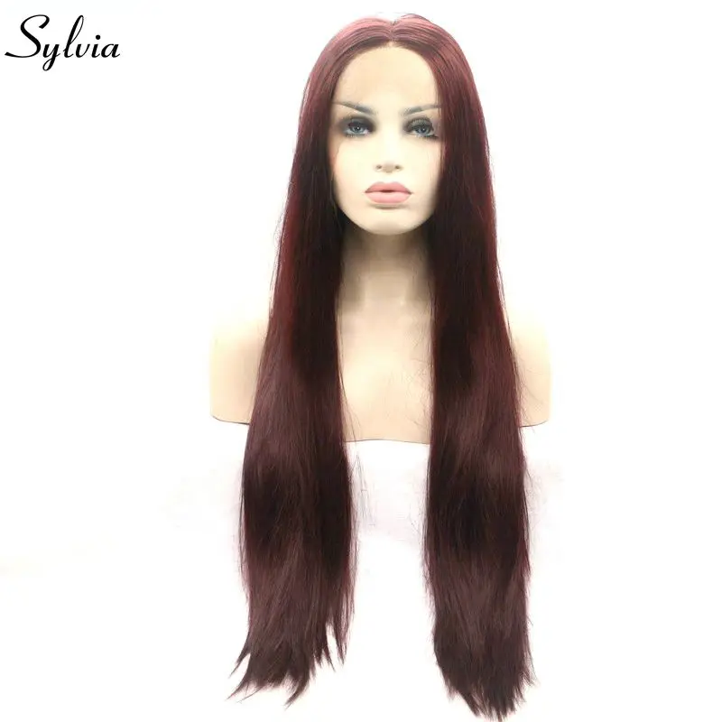 

Sylvia Heat Resistant Fiber Brown Red Hair Long Silky Straight Synthetic Lace Front Wigs 99j# Color Middle Part For Women