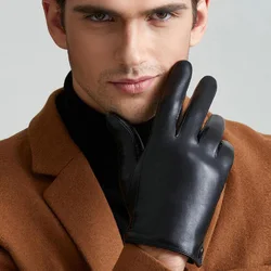 Gants en cuir véritable pour hommes, mitaines de conduite, minces, optiques, peluche, peau de mouton chaude, doigt complet, écran tactile, hiver, mode, L75