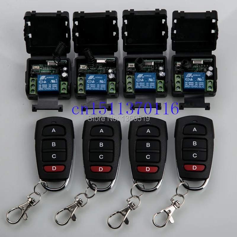 

Hot Sales DC 12V 10A 1CH 315MHz/433MHZ Wireless RF Remote Control Switch 4*Transmitter+ 4*Receiver lamp/ window/Garage Doors