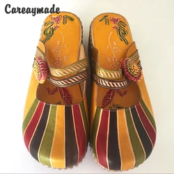 Careaymade-vendita calda, nuova estate calda, pantofole piatte in vera pelle di vacchetta, muffin color caramella stile etnico donna slippers958-3